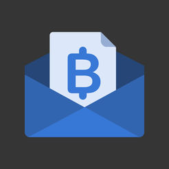 Logotipo do aplicativo Bills Monitor em fundo preto. No centro, há um envelope azul, de onde sai um papel branco com a letra "B" impressa em azul.