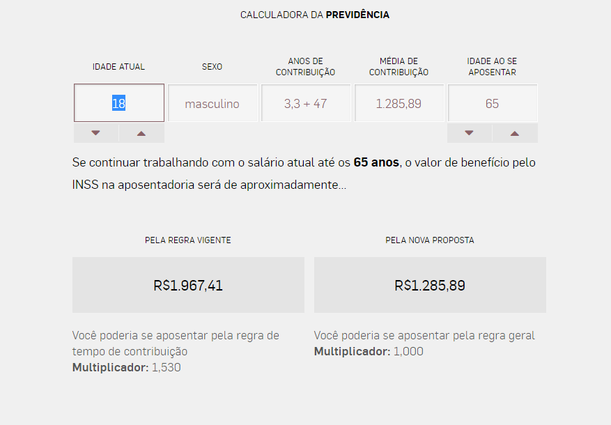 Imagem da tela da calculadora, que pergunta a idade atual, o sexo, anos de contribuição, média de contribuição e idade de se aposentar. Abaixo, mostra o valor a receber de aposentadoria pela regra vigente e pela nova proposta.