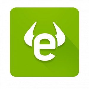Logotipo do aplicativo eToro em fundo verde. No centro, há a letra E com a simulação de dois chifres de touro, ambos na cor branca.
