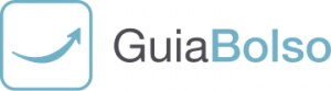 Logotipo do aplicativo GuiaBolso, em preto e azul, com fundo branco. Ao lado da palavra, há uma seta azul para cima.