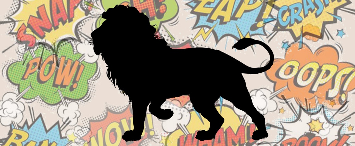 Uma silhueta de um leão (símbolo do Imposto de Renda) em um fundo formado por diversos balões de onomatopeias de quadrinhos como ZAP! OOPS! e BANG!