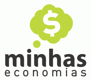 Logotipo do aplicativo Minhas Economias em fundo branco. No centro, há um balão de pensamento verde com um cifrão em cima das palavras "Minhas Economias", que estão em preto.