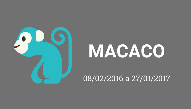 Arte com fundo cinza e os escritos em branco “macaco. 08/02/2016 a 27/01/2017”. No lado esquerdo há o desenho de um macaco, pintado de azul. 