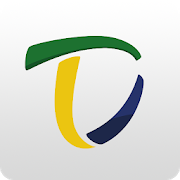 Logotipo do aplicativo Tesouro Direto em fundo branco. No centro, há um traço verde, um traço amarelo e um traço azul que formam a letra D.