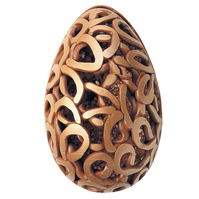 Moderno, elegante e bem decorado, com detalhes vazados e pintura dourada na casca, este ovo tem quebra crocante. Na boca, o praliné predomina com bom caramelo.